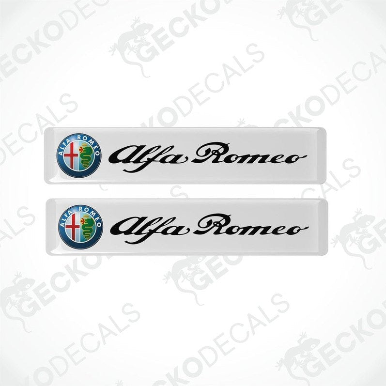 Two white vinyl stickers with the Alfa Romeo logo in black.