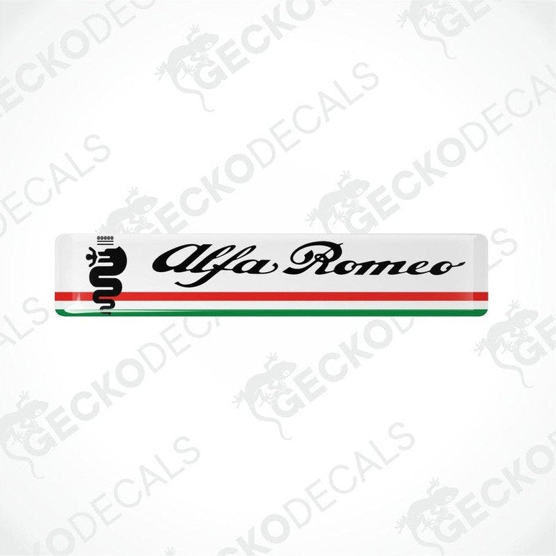 White vinyl stickers with the Alfa Romeo brand logo and a green, white, and red stripe design.