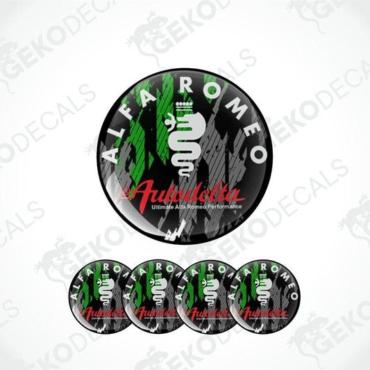 A set of round car decals featuring the Alfa Romeo Mito Racing logo in green and white.