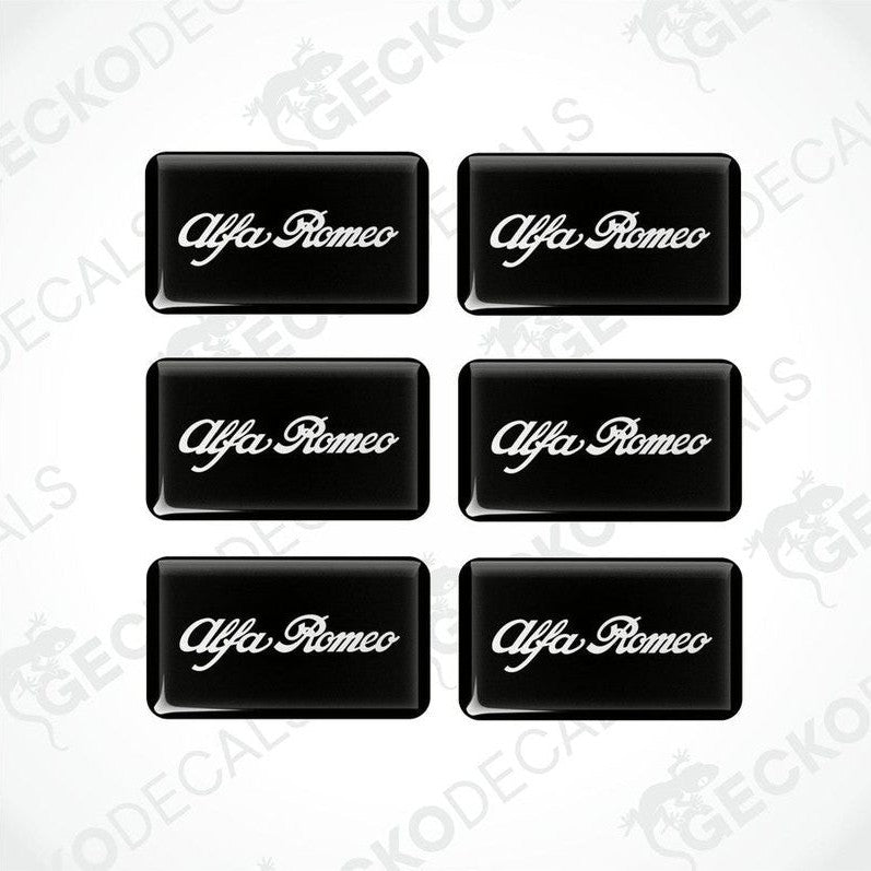 A set of six black vinyl stickers with the word 'ALFA ROMEO' printed in white.