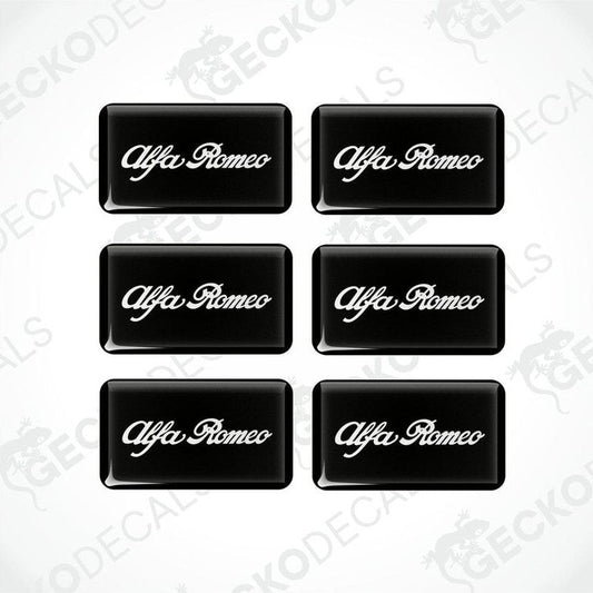 A set of six black vinyl stickers with the word 'ALFA ROMEO' printed in white.