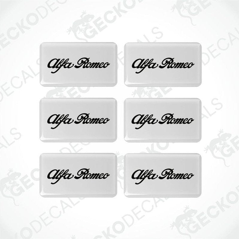 A set of six white vinyl stickers with the word 'ALFA ROMEO' printed in BLACK.