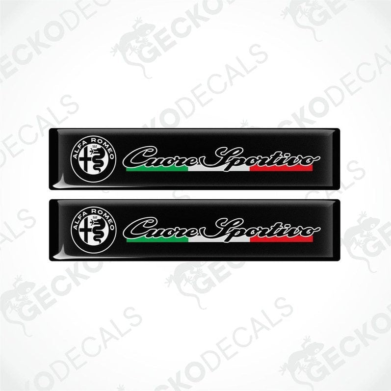 Two black vinyl stickers with the text 'ALFA ROMEO CUORE SPORTIVO' and the Italian flag colors.