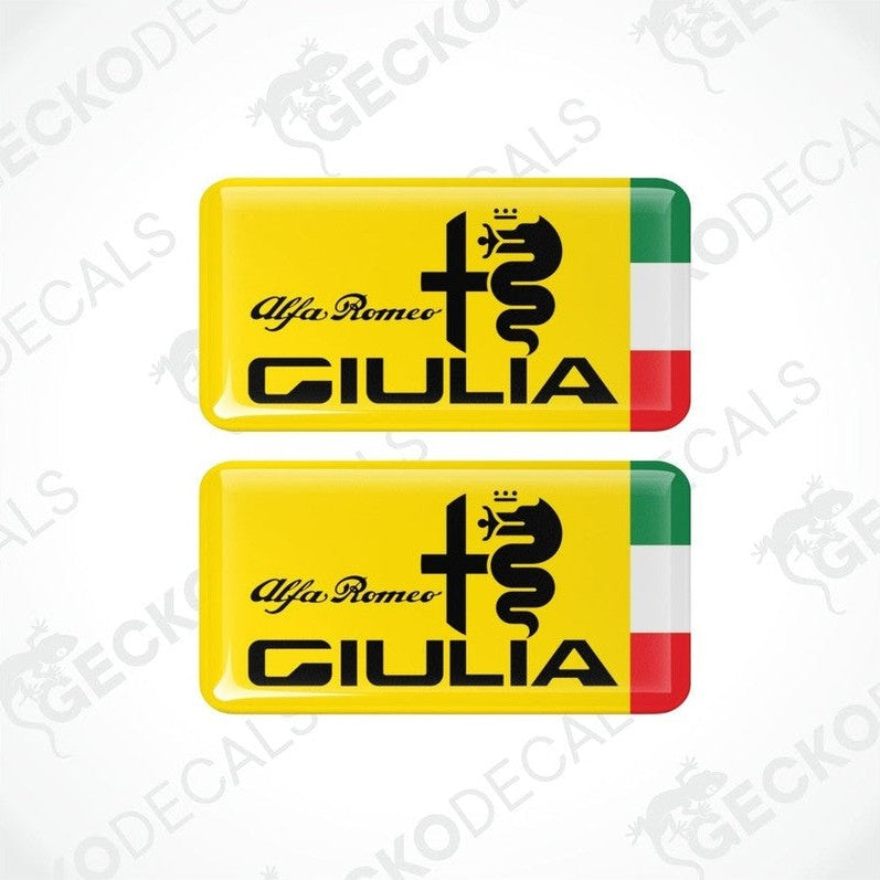 Two rectangular vinyl decals with a polyurethane coating featuring the Alfa Romeo Giulia logo in yellow, black, and red colors.
