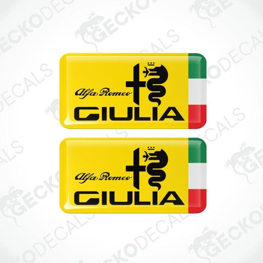 Two rectangular vinyl decals with a polyurethane coating featuring the Alfa Romeo Giulia logo in yellow, black, and red colors.