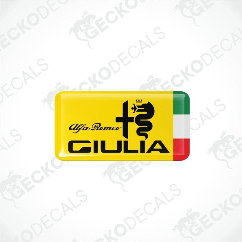 Two rectangular vinyl decals with a polyurethane coating featuring the Alfa Romeo Giulia logo in yellow, black, and red colors.