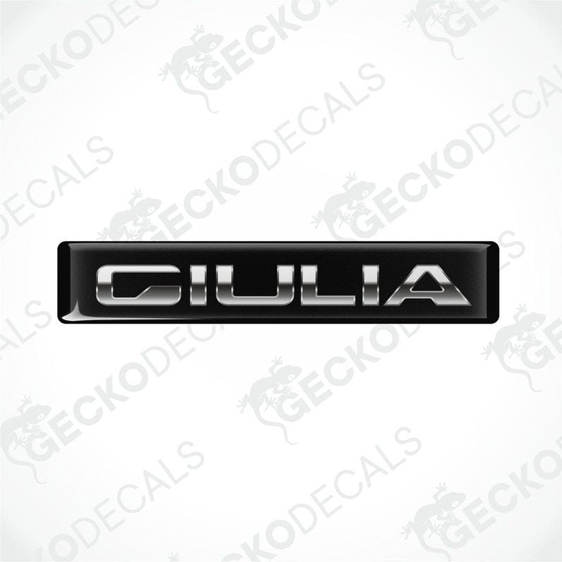 Two black and silver vinyl decals with the text 'GIULIA' on them, designed for use as car stickers.