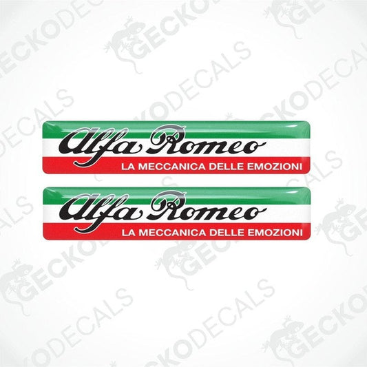 Two Alfa Romeo branded vinyl decals with red, white, and green color scheme and text 'LA MECCANICA DELLE EMOZIONI'.