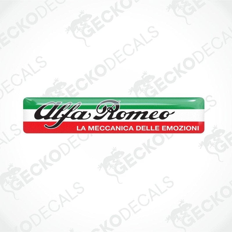 Alfa Romeo branded vinyl decals with red, white, and green color scheme and text 'LA MECCANICA DELLE EMOZIONI'.