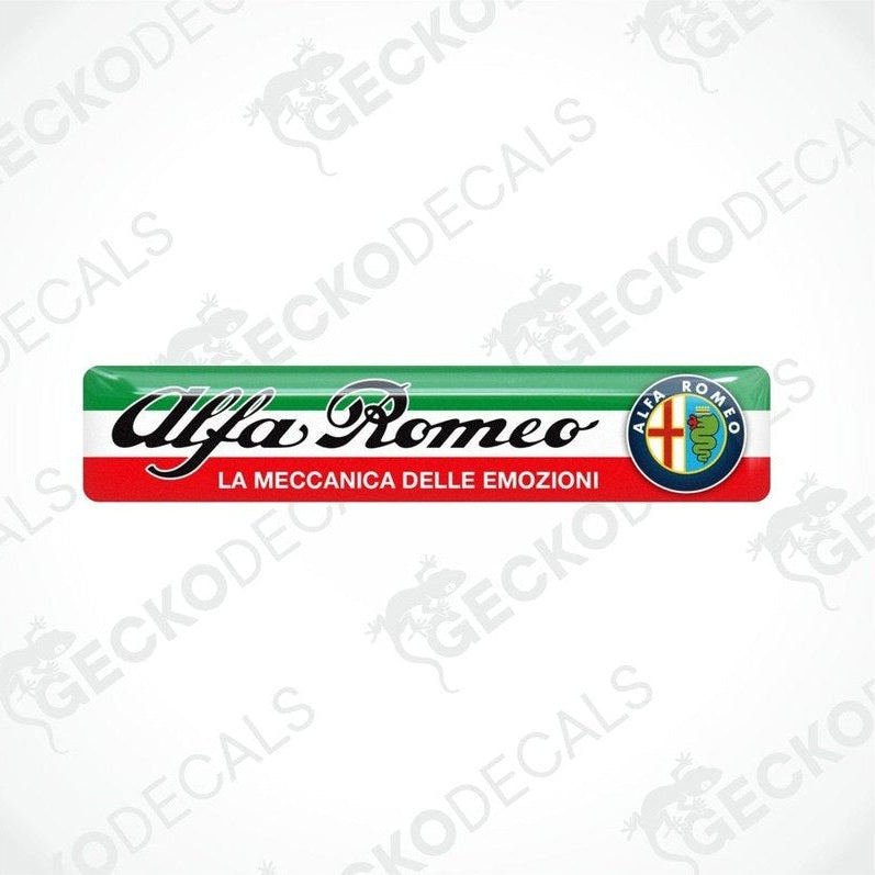 Vinyl stickers with the Alfa Romeo brand and 'La Meccanica Delle Emozioni' text, featuring green, red, white, and blue colors.