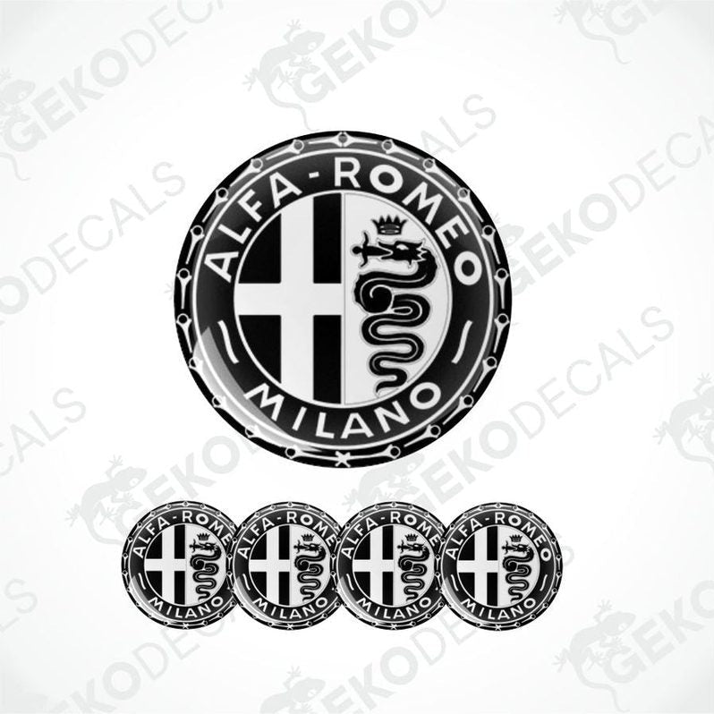 A set of four black, white, and red vinyl stickers with the Alfa Romeo Milano logo.