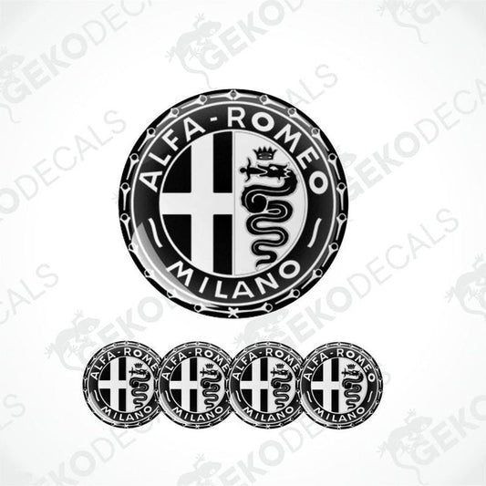 A set of four black, white, and red vinyl stickers with the Alfa Romeo Milano logo.