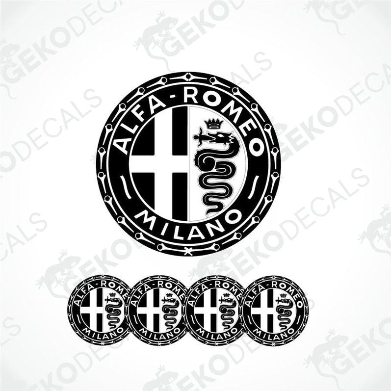 A set of four black, white, and red vinyl stickers with the Alfa Romeo Milano logo.