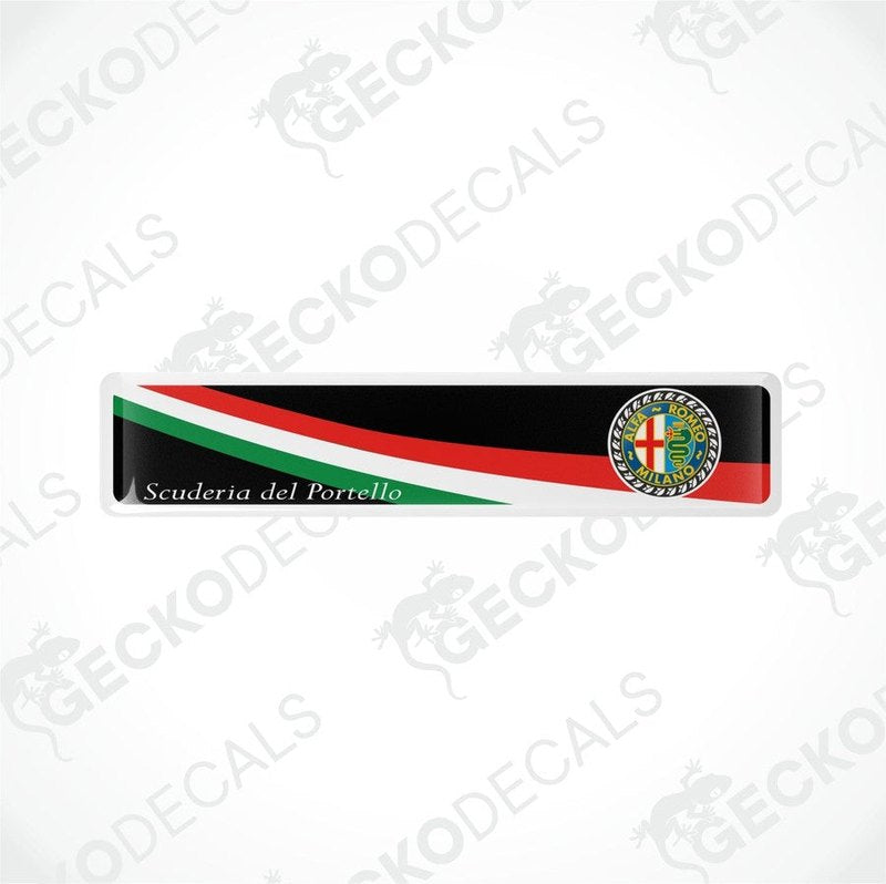 Vinyl decals with a polyurethane coating featuring the 'Scuderia del Porrello' logo and red, green, black color scheme.
