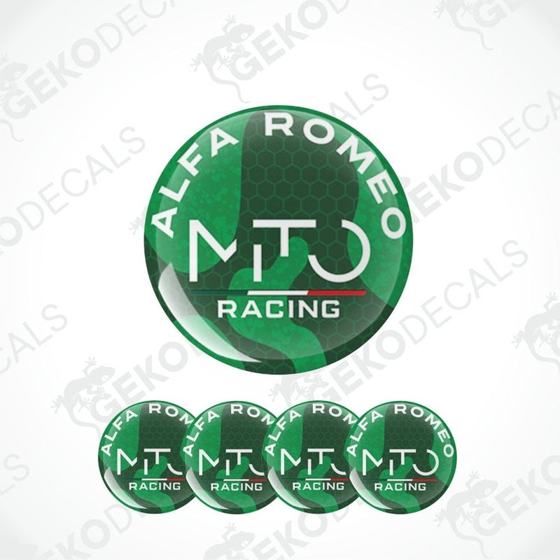 A set of round car decals featuring the Alfa Romeo Mito Racing logo in green and white.