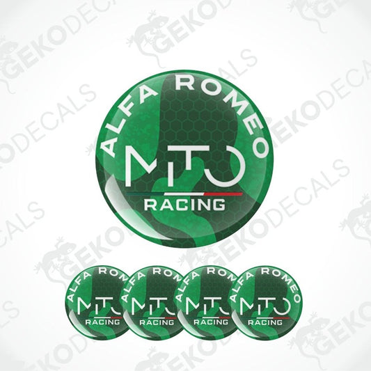 A set of round car decals featuring the Alfa Romeo Mito Racing logo in green and white.