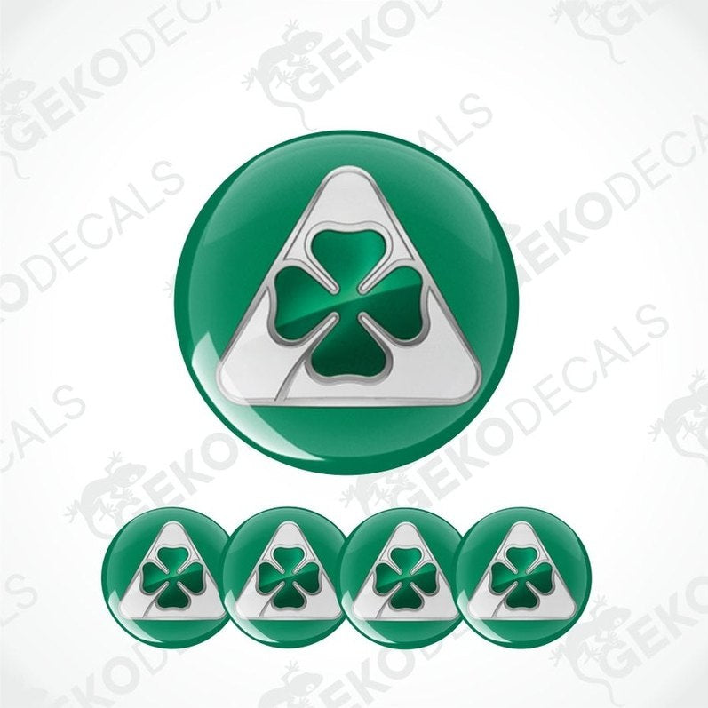 Green four-leaf clover design on a dark green round epoxy decal set on a white background with 'Geckodecals' branding.