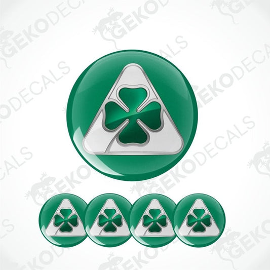 Green four-leaf clover design on a dark green round epoxy decal set on a white background with 'Geckodecals' branding.