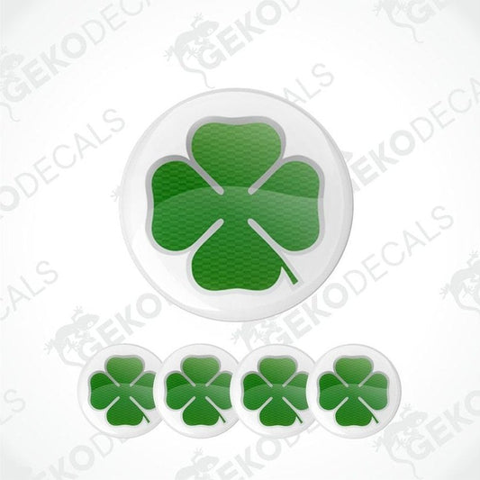 Set of green four-leaf clover decals on a white background with 'Geckodecals' branding.