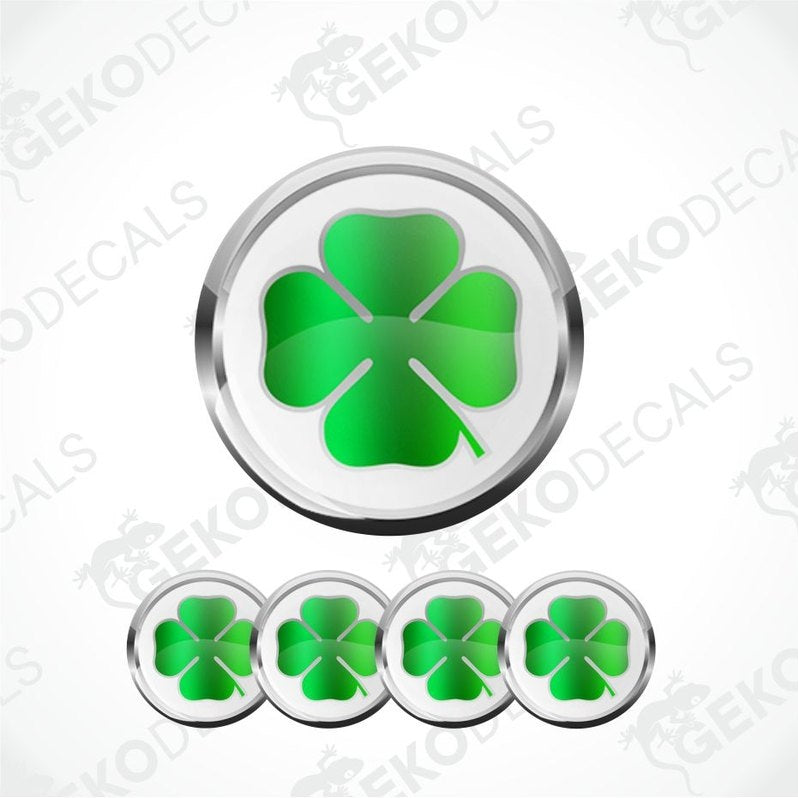 Green four-leaf clover design with metallic border on a white background, featuring the brand 'Geckodecals'.
