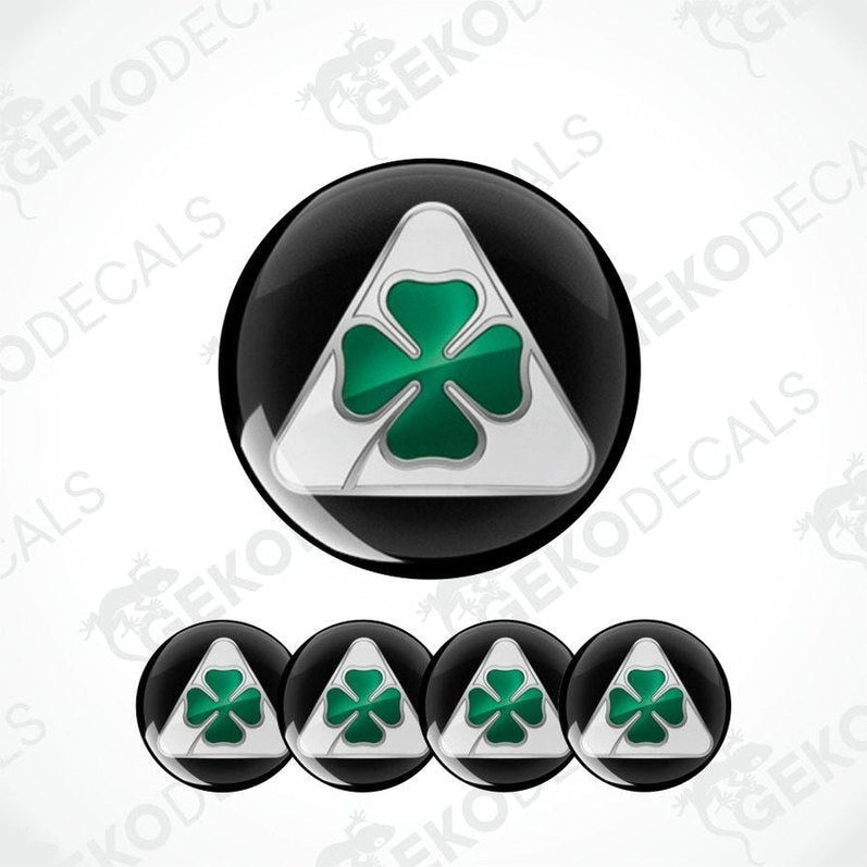 Set of green clover leaf designs on black and white backgrounds with 'Geckodecals' branding.