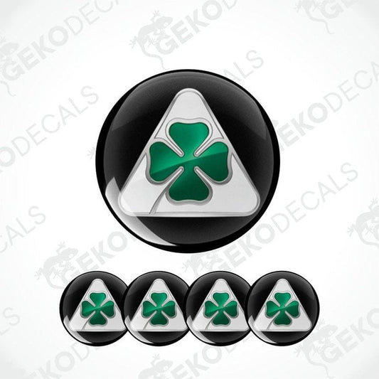 Set of green clover leaf designs on black and white backgrounds with 'Geckodecals' branding.