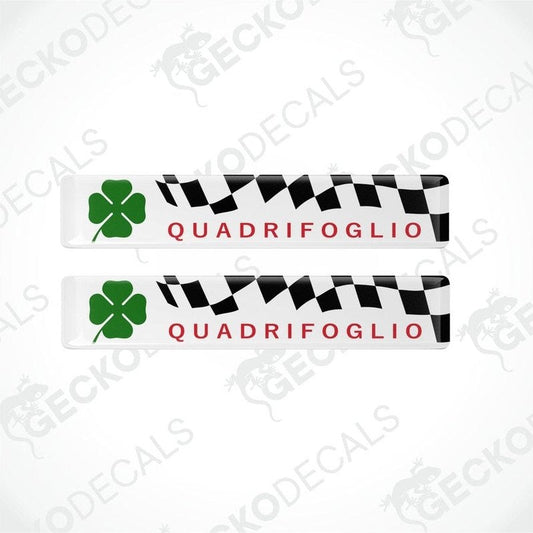Two vinyl stickers with a checkered pattern and the Alfa Romeo Quadrifoglio branding in green and red.