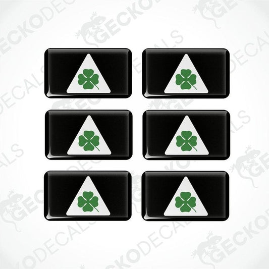 Set of six black, white, and green car decals with a four-leaf clover design, intended for use on a vehicle.