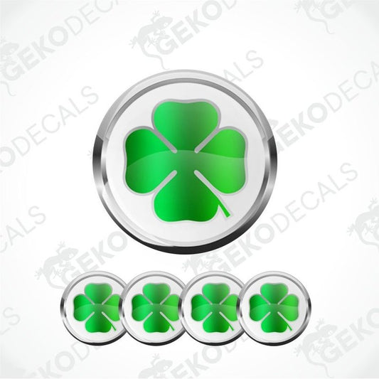 Green four-leaf clover design with metallic border on a white background, featuring the brand 'Geckodecals'.