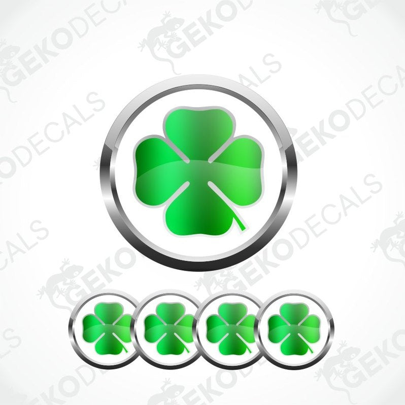 Green four-leaf clover design with metallic border on a white background, featuring the brand 'Geckodecals'.