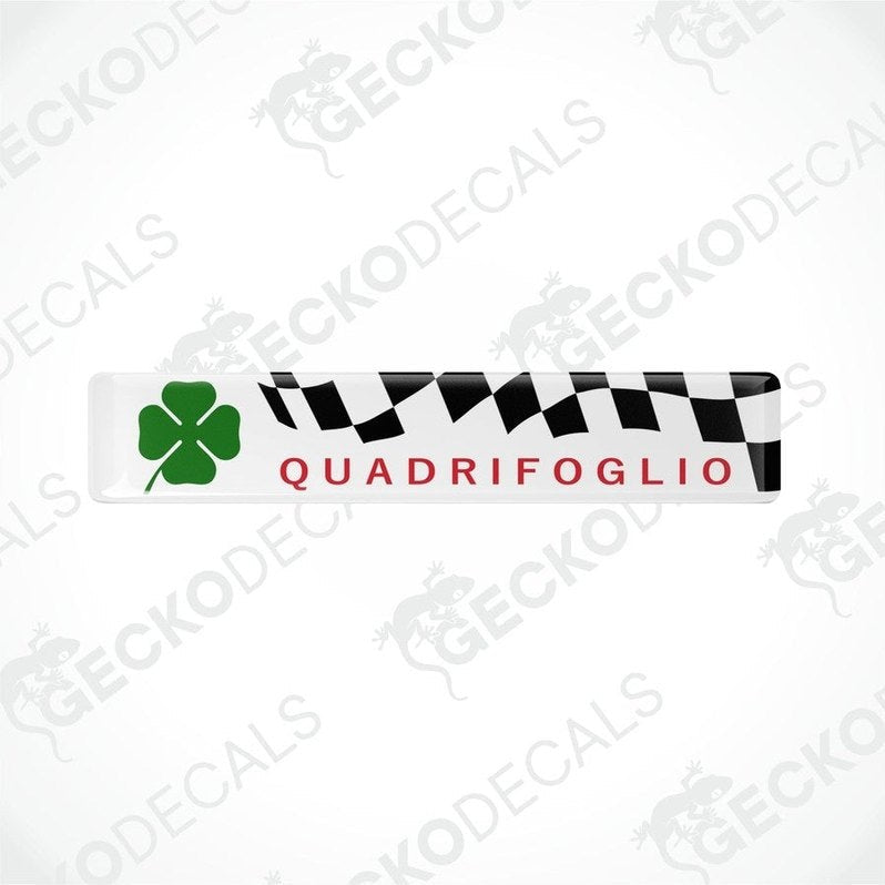 Vinyl stickers with a checkered pattern and the Alfa Romeo Quadrifoglio branding in green and red.