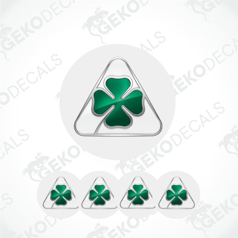 Set of green four-leaf clover decals on a white background with 'Geckodecals' branding.
