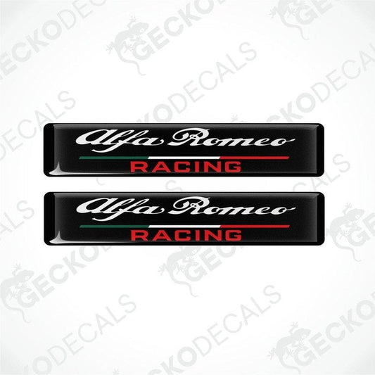 Two black vinyl stickers with the text 'ALFA ROMEO RACING' and a logo consisting of a stylized 'A' in green, red, and white on a black background, placed against a white background.