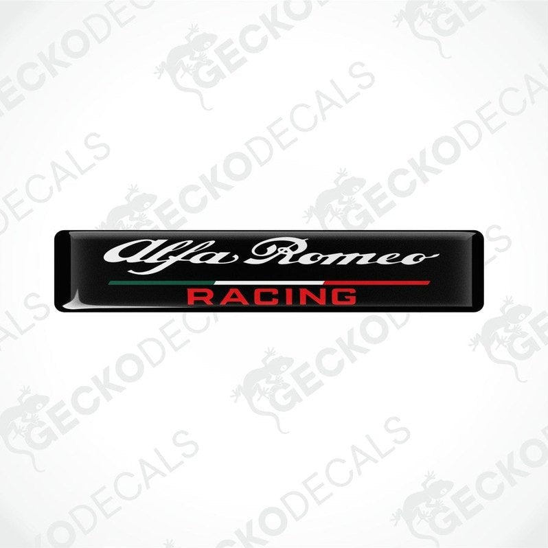 Black vinyl stickers with the text 'ALFA ROMEO RACING' and a logo consisting of a stylized 'A' in green, red, and white on a black background, placed against a white background.