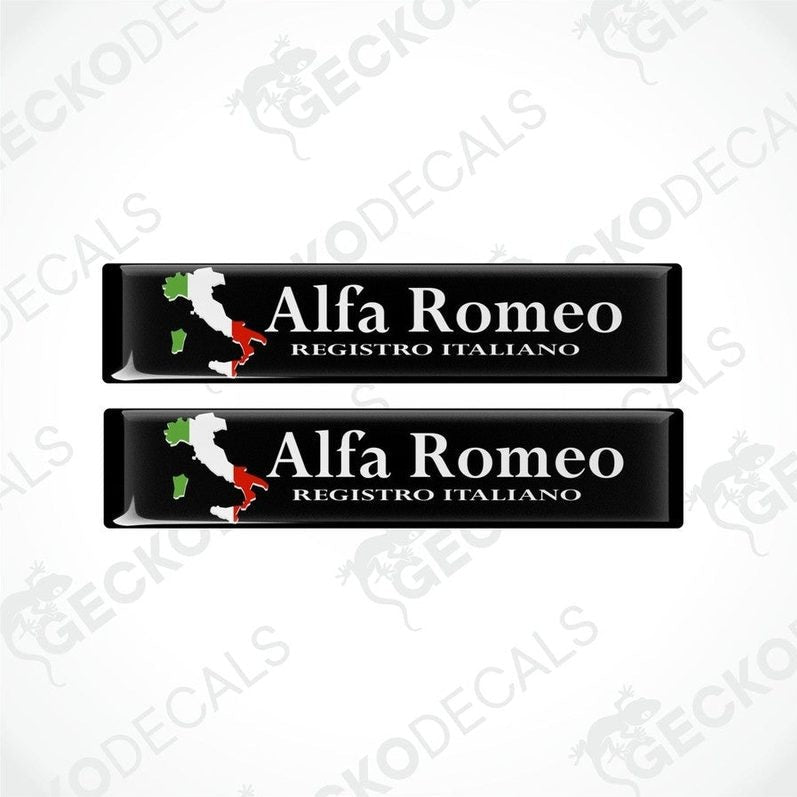 Two black vinyl stickers with the text 'ALFA ROMEO REGISTRO ITALIANO' and a design resembling the Italian flag, placed on a white background.