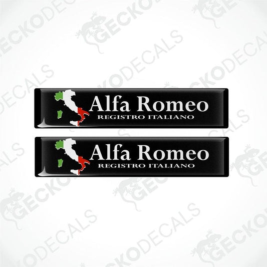 Two black vinyl stickers with the text 'ALFA ROMEO REGISTRO ITALIANO' and a design resembling the Italian flag, placed on a white background.