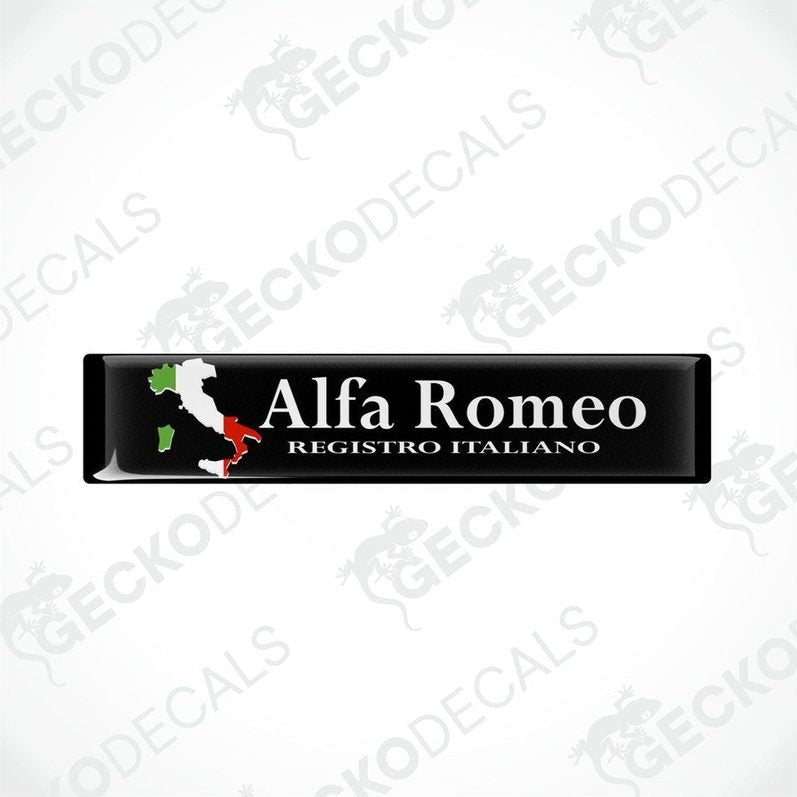 Two black vinyl stickers with the text 'ALFA ROMEO REGISTRO ITALIANO' and a design resembling the Italian flag, placed on a white background.

