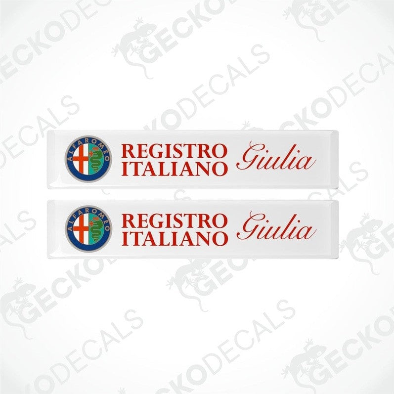 Two vinyl decals with a polyurethane coating featuring the 'Registro Italiano Giulia' logo in red and white colors.