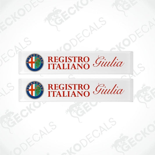 Two vinyl decals with a polyurethane coating featuring the 'Registro Italiano Giulia' logo in red and white colors.