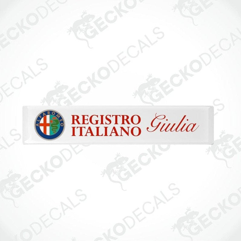 Two vinyl decals with a polyurethane coating featuring the 'Registro Italiano Giulia' logo in red and white colors.