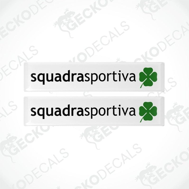 Two white decals with 'squadrasportiva' text and a green clover emblem, on a transparent background.