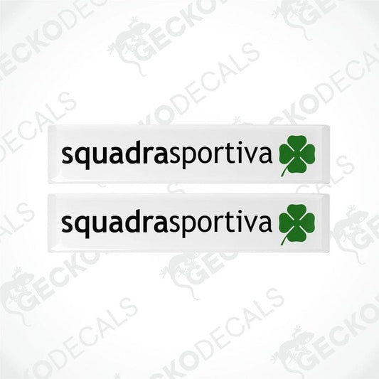 Two white decals with 'squadrasportiva' text and a green clover emblem, on a transparent background.