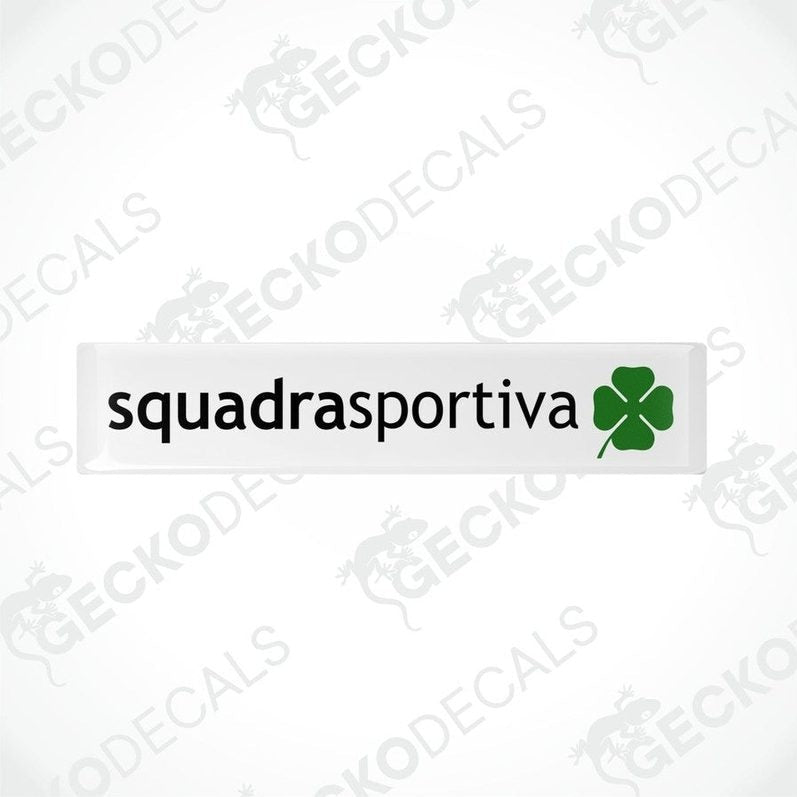 Two white decals with 'squadrasportiva' text and a green clover emblem, on a transparent background.