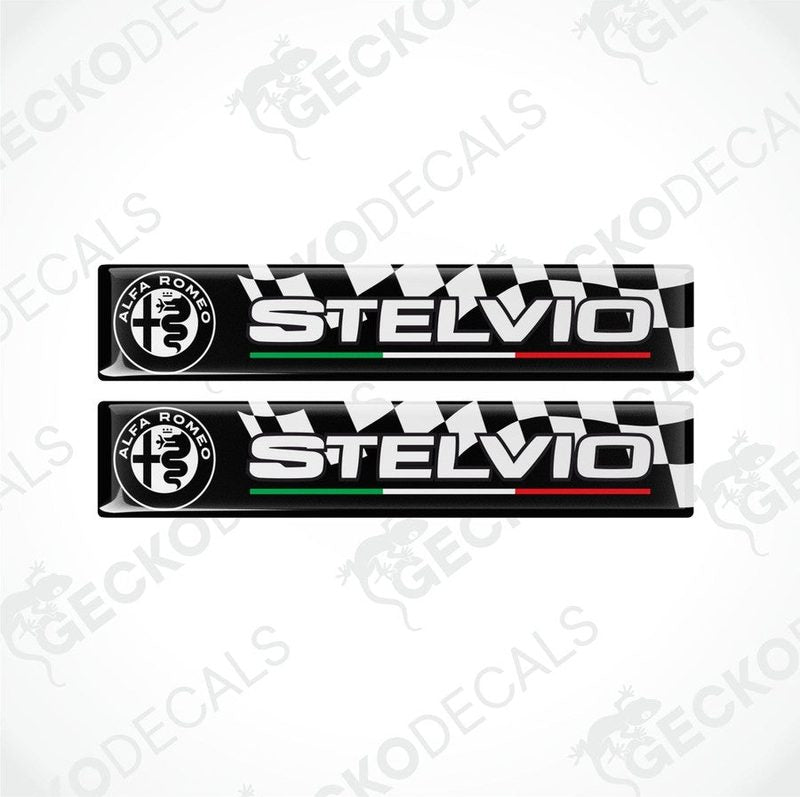 A pair of vinyl decals for an ALFA ROMEO STELVIO, featuring checkered patterns and the car's badge with Italian flag colors.