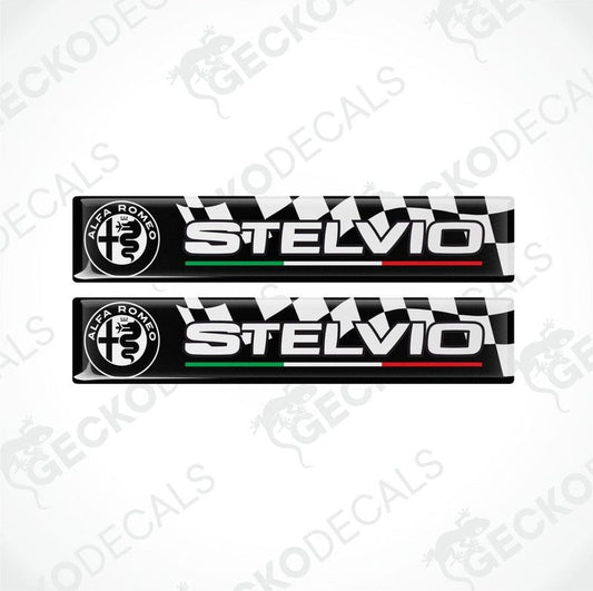 A pair of vinyl decals for an ALFA ROMEO STELVIO, featuring checkered patterns and the car's badge with Italian flag colors.