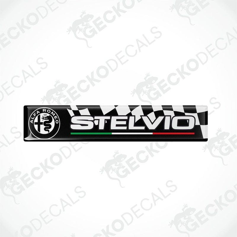 A pair of vinyl decals for an ALFA ROMEO STELVIO, featuring checkered patterns and the car's badge with Italian flag colors.