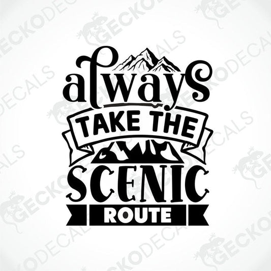 Always Take The Scenic Route black die-cut decal with mountain silhouettes for camping