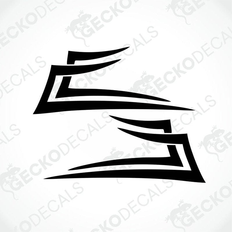 A pair of black and white geometric arrow design decals on a white background, intended for use on vehicles such as trucks.