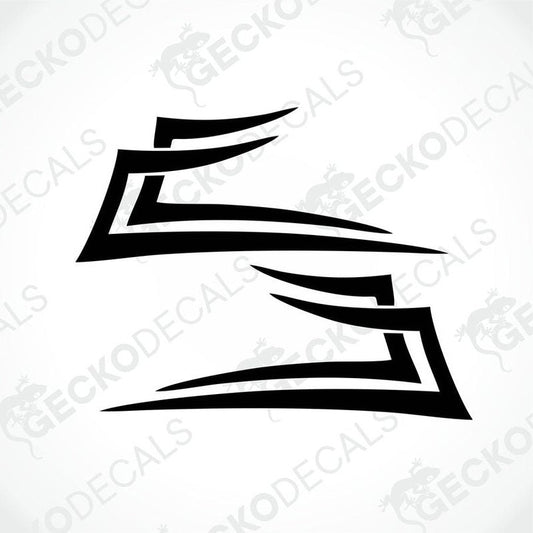 A pair of black and white geometric arrow design decals on a white background, intended for use on vehicles such as trucks.