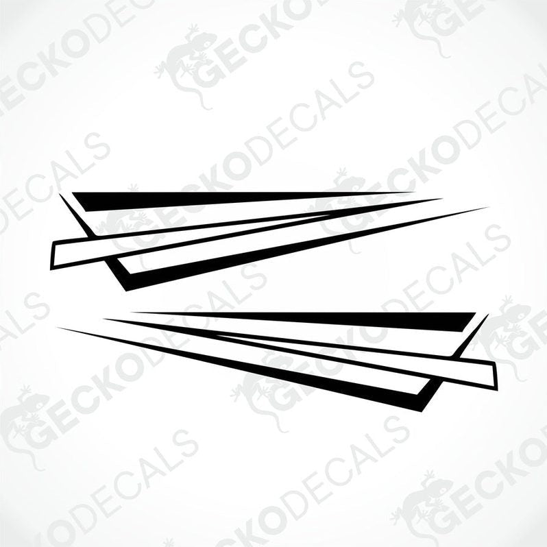 A pair of black and white arrow-shaped decals intended for use on vehicles.